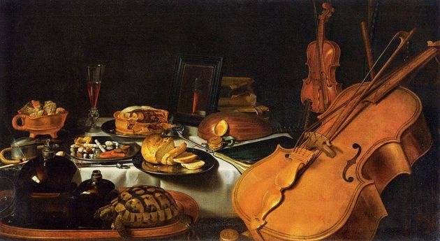 an allegory of five senses. Still Life by Pieter Claesz, 1623. The painting illustrates the senses through musical instruments, a compass, a book, food and drink, a mirror, incense and an open perfume bottle. (via Wikipedia)
