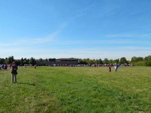 Looking across an open field from Speaker's corner toward the Planned Parenthood Compound. Protestors stood across from the compound and also behind me along E. New York Street.